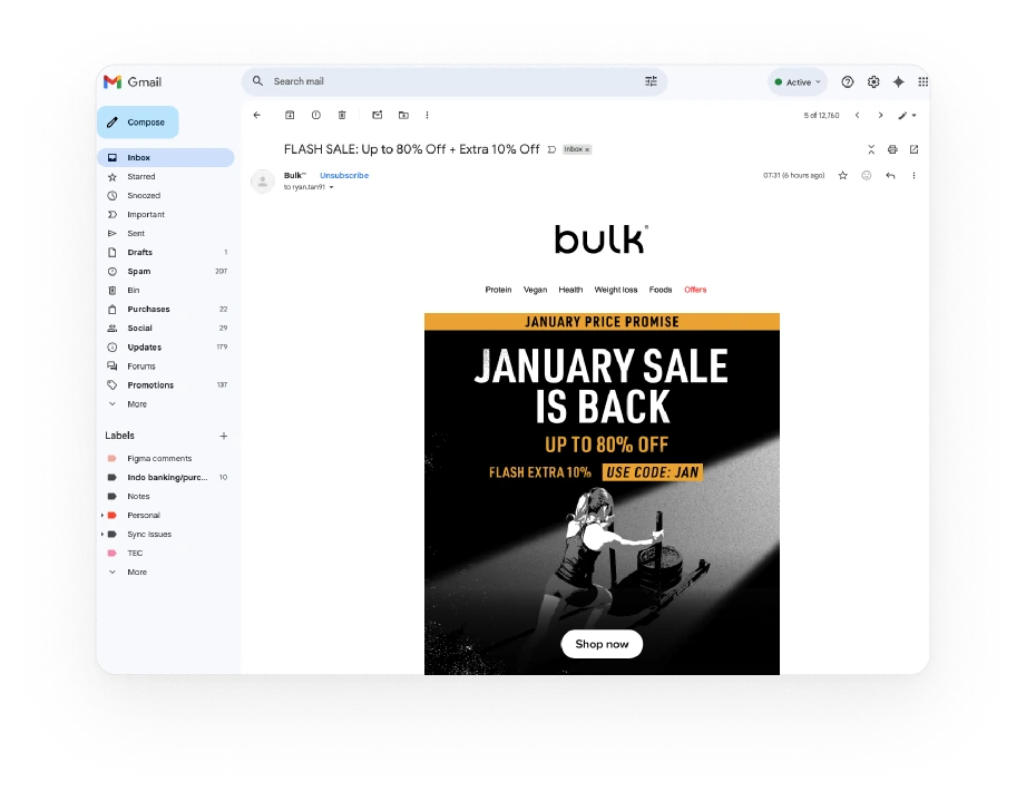 A 'January sale is back, up to 80% off' email