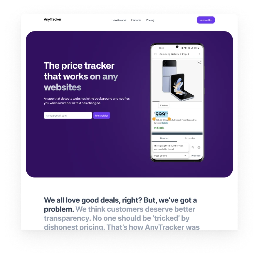 AnyTracker landing page: 'The price tracker that works on any websites', with a waitlist form
