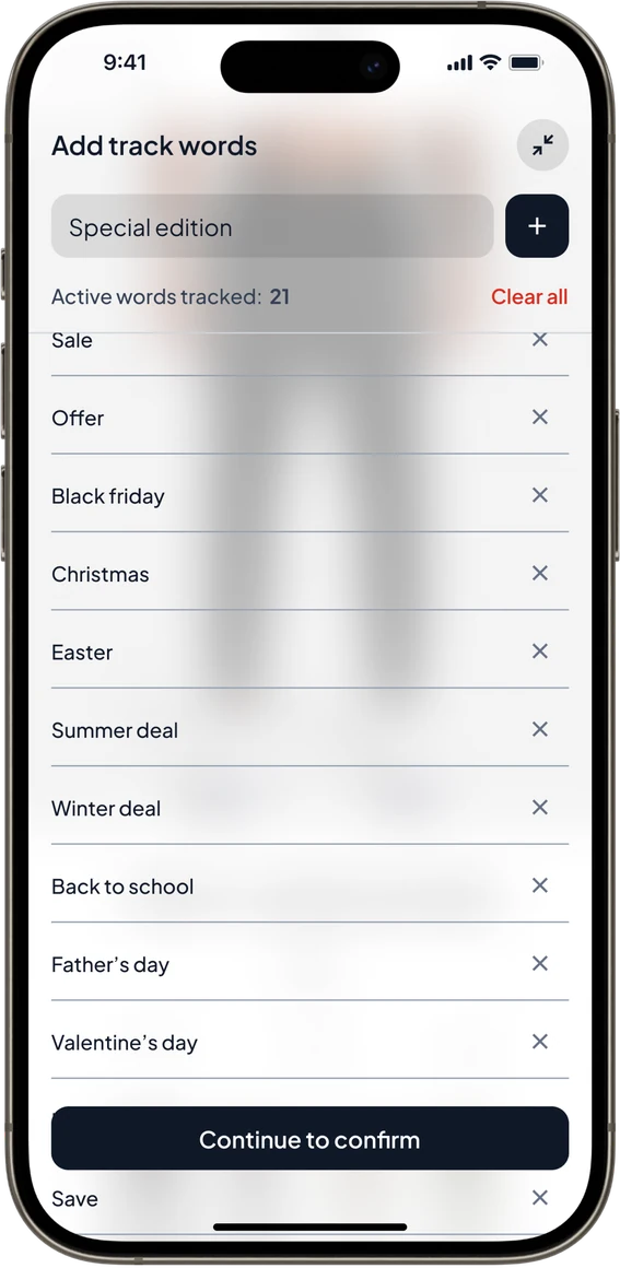 Tracked words list