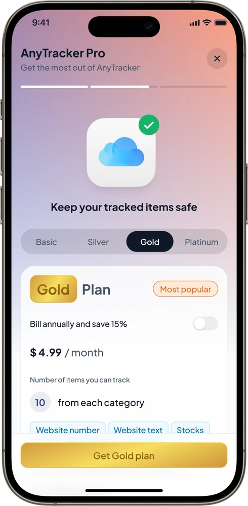 Paywall, Gold plan, most popular: $4.99 a month, 10 items per category