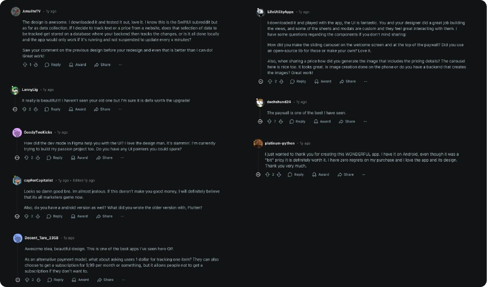 Reddit comments praising AnyTracker's design