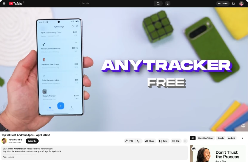 AnyTracker featured in a YouTube video on top Android apps