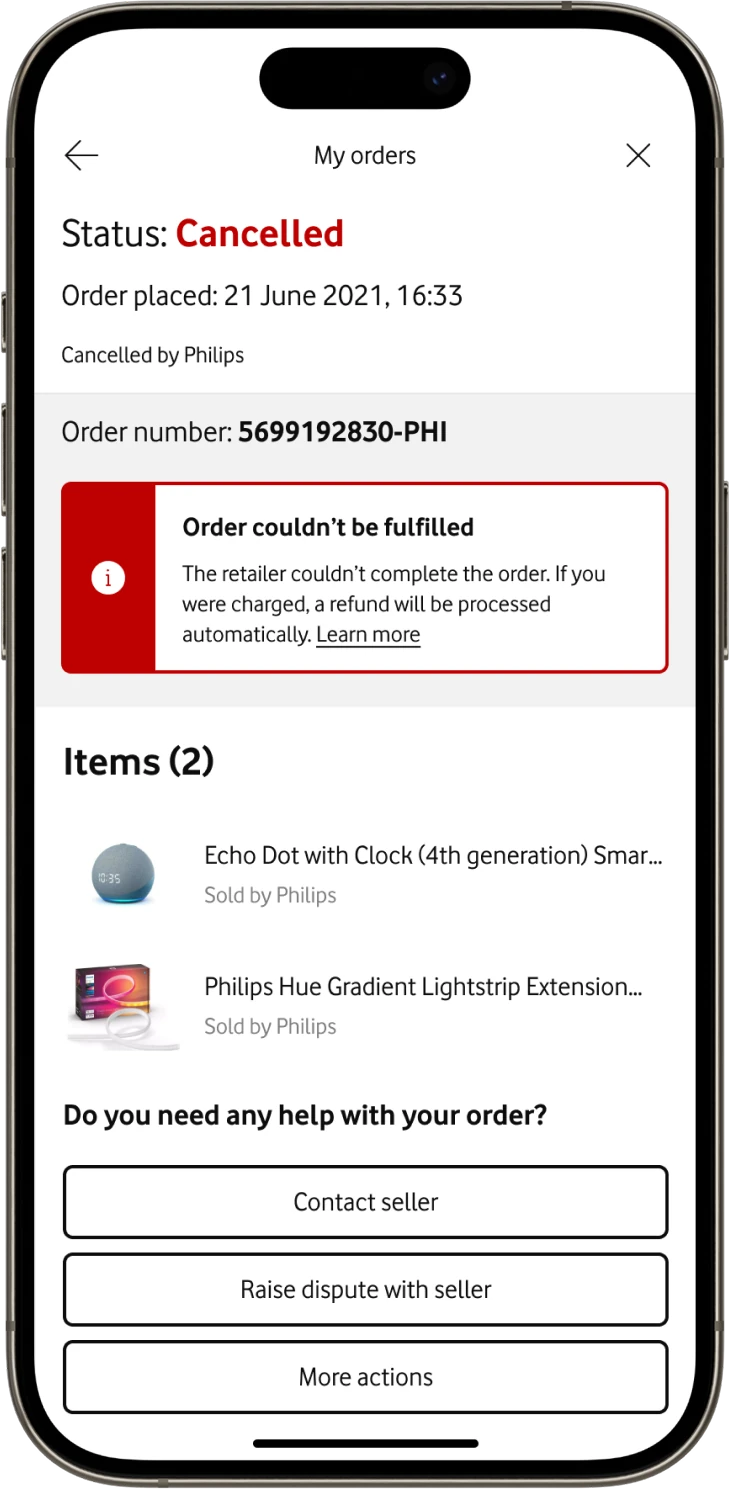Order cancelled by Philips, with refund message