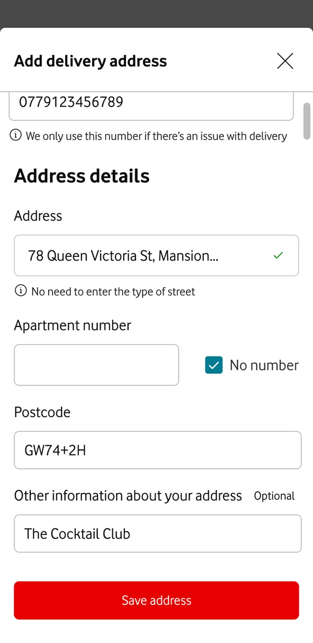 Add delivery address